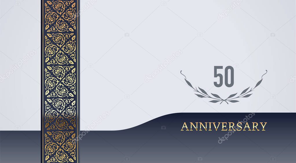 50th jubilee, anniversary, wedding or birthday festive golden vintage vector background for invitation card