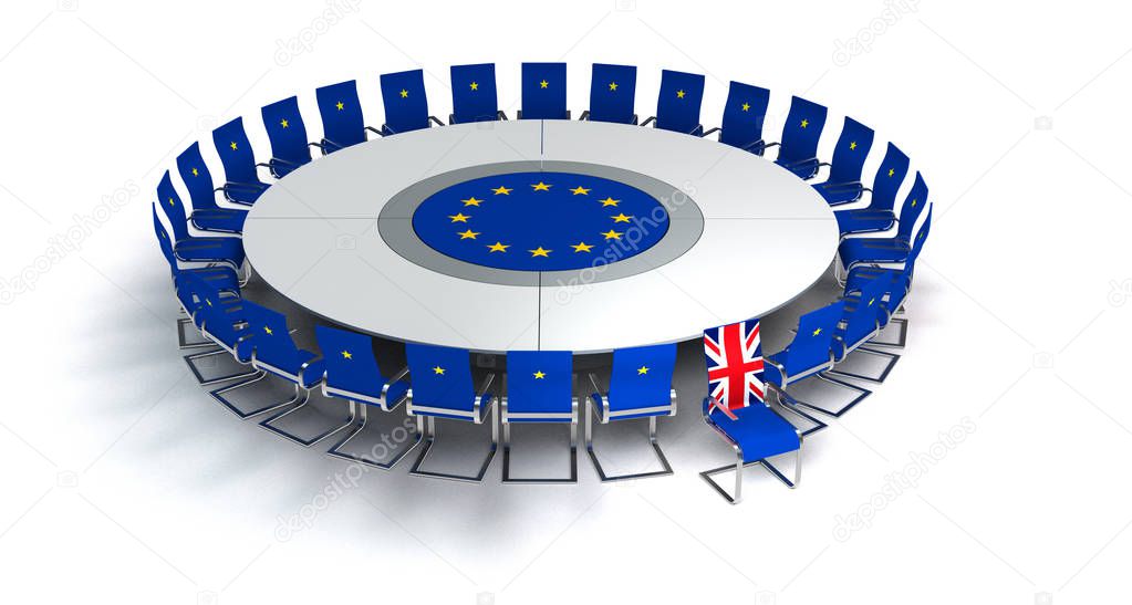 symbolic brexit image with the United Kingdom leavin the european union at the concerence table - 3D rendering