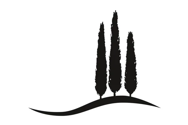 Three Isolated Mediterranean Vector Cypress Trees Icon Logo Silhouette Hill — Stock Vector