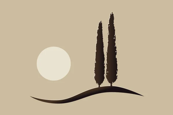 Dvě Izolované Středomořské Vektorové Cypřiše Ikona Logo Silueta Kopci Sluncem — Stockový vektor