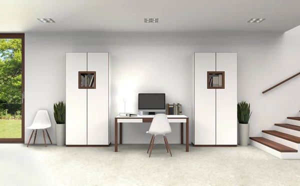 Rendering Fittizio Interno Home Office Con Mobili Moderni Nel Seminterrato — Foto Stock
