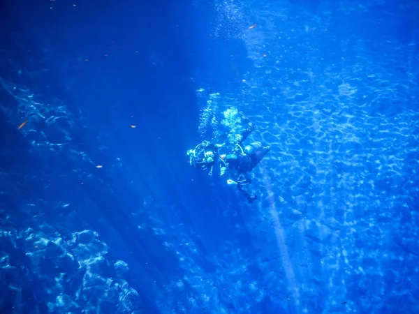 Practicing Diving Snorkeling Mysterious Lagoon Beautiful Lagoon Transparent Turquoise Blue — Stock Photo, Image