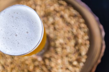 Yukarıdan bir bardak bira. Arka planda da malt var.