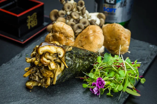 Sushi Traditional Japanese Cuisine Temaki Premium Mushrooms Shitake Shimeji Decorated — Stock Photo, Image