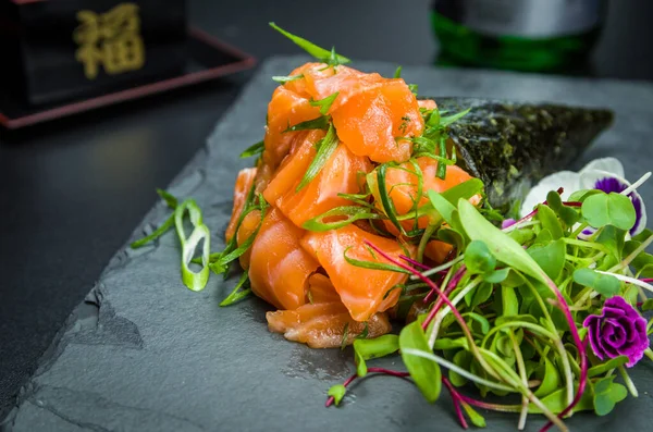 Sushi Traditional Japanese Cuisine Premium Salmon Temaki Decorated Elegant Setting — Stock Photo, Image