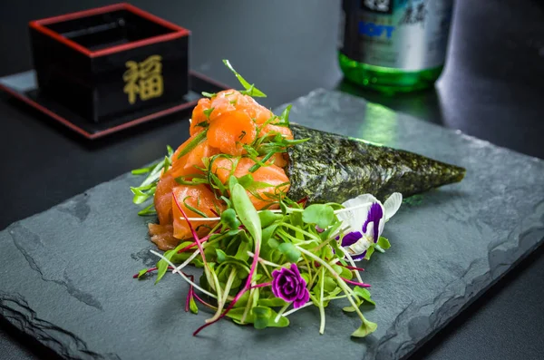 Sushi Traditional Japanese Cuisine Premium Salmon Temaki Decorated Elegant Setting — Stock Photo, Image