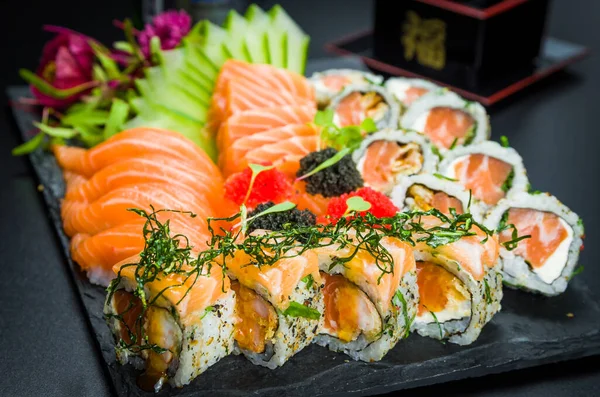 Sushi Set Combo Traditional Japanese Cuisine Premium Sushi Decorated Elegant — Stock Photo, Image