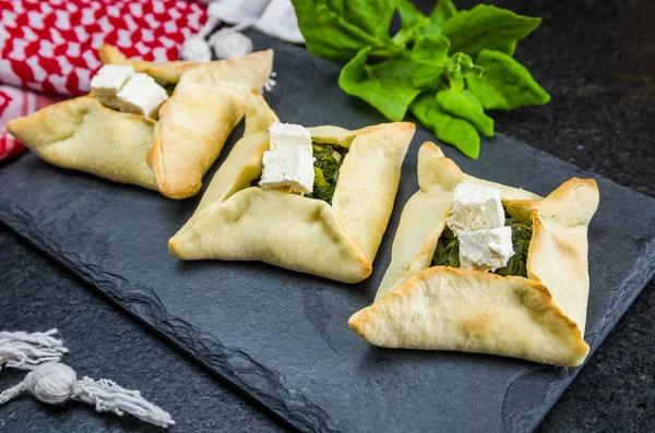 Delicious Lebanese Arabic Food Spinach Sfiha Ricotta Cheese Black Slate — Stock Photo, Image