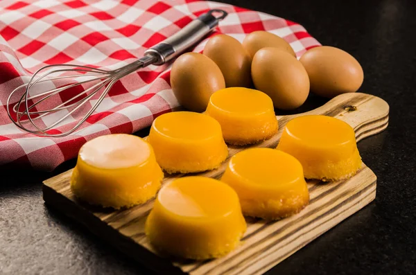 Delicious Quindins Wooden Board Traditional Brazilian Dessert Made Egg Yolk Stock Image