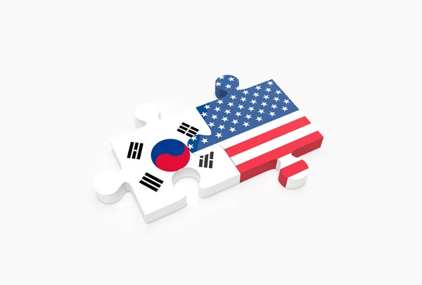 Duas Peças Quebra Cabeça Conectadas Com Bandeiras Dos Eua Coreia Fotos De Bancos De Imagens