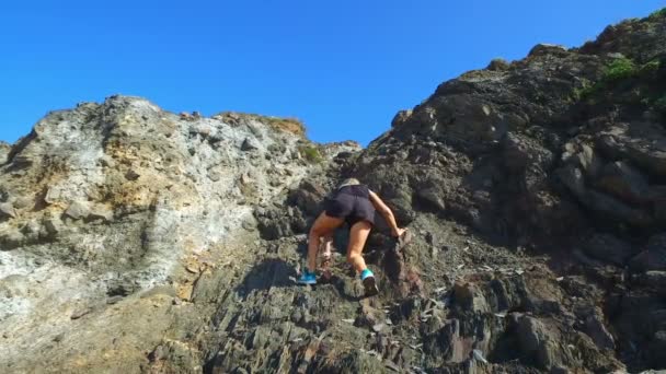 Sportive Woman Rock Climbing — Stock Video