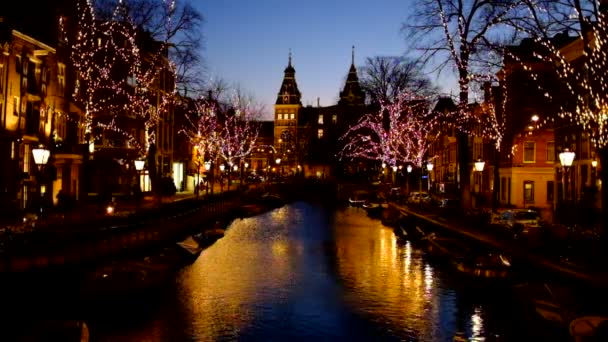 Kerst Amsterdam Met Het Rijksmuseum Bij Zonsondergang — Stockvideo