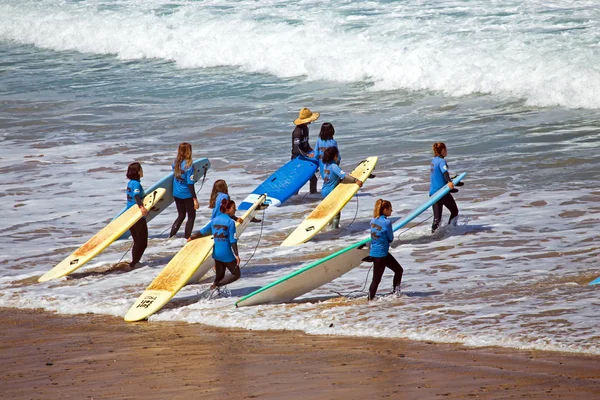 Vale Figueiras Portugalsko Července 2018 Antény Surfaři Surfaři Poučení Praia — Stock fotografie
