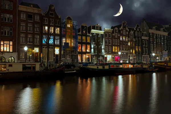 Ville Pittoresque Amsterdam Aux Pays Bas Nuit — Photo