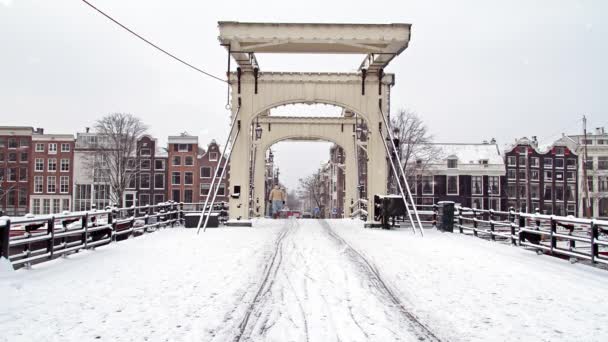 冬季在荷兰阿姆斯特丹的小桥上下雪 — 图库视频影像