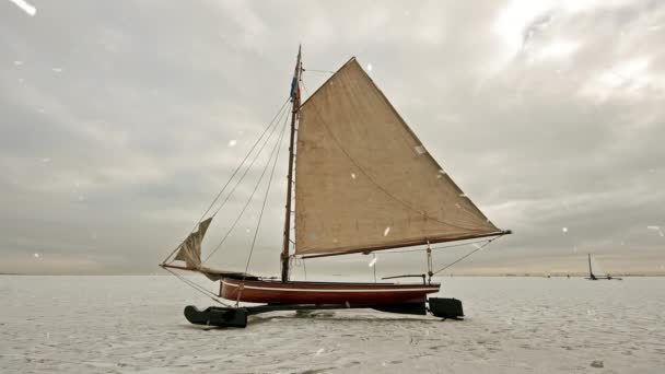 Traditional Ice Sailing Gouwzee Netherlands Winter — Stock Video