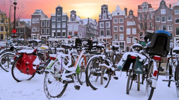 Winter Amsterdam Nederland Bij Zonsondergang — Stockvideo