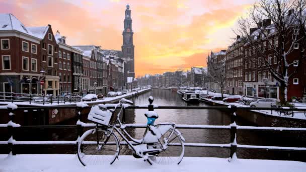 Zima Amsterdamu Nizozemsko Při Západu Slunce Westerkerk — Stock video