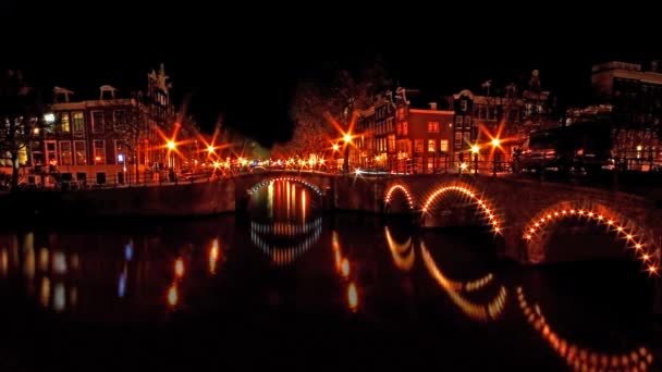 Πόλη Γραφική Από Άμστερνταμ Στην Ολλανδία Νύχτα — Αρχείο Βίντεο