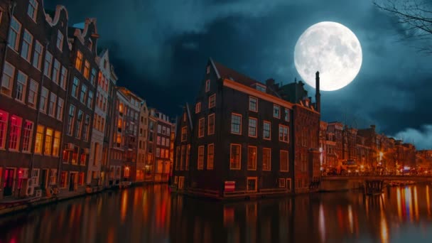 Amsterdam Gece Dolunay Var — Stok video