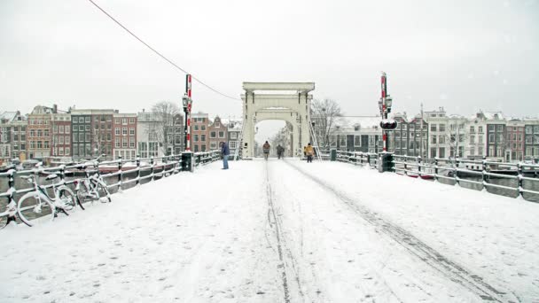 Śnieg Amsterdam Holandia Mały Mostek — Wideo stockowe