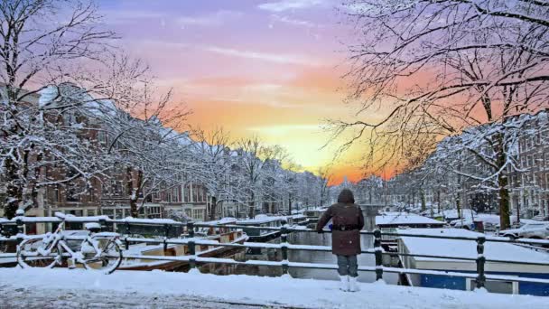 Vinter Amsterdam Nederländerna Vid Solnedgången — Stockvideo