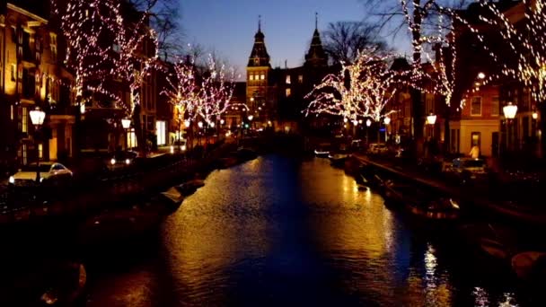 Rijksmuseum Navidad Amsterdam Países Bajos Atardecer — Vídeos de Stock