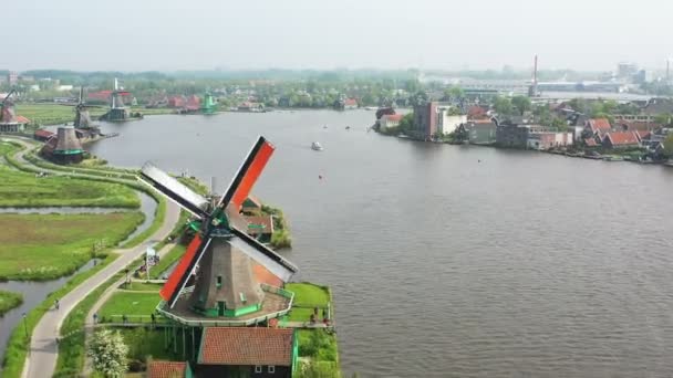 Aerial Windmills Zaanse Schans Netherlands — Stock Video