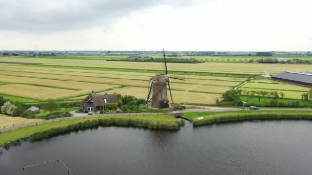 Antenn Från Traditionell Väderkvarn Landsbygden Från Nederländerna — Stockvideo