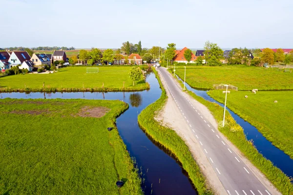 Aerial Typical Dutch Landscape Flat Meadows Canals Traditional Wooden Houses — Stock Photo, Image