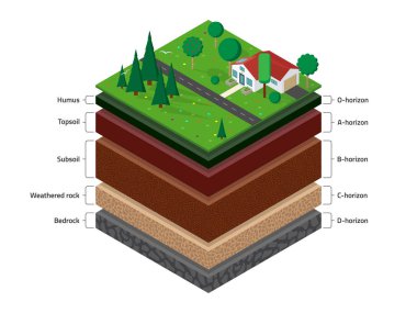 Isometric named layers of soil with a top layer of green grass,  house, forest, garden and road on it. The stratum of organic, minerals, sand, clay. clipart