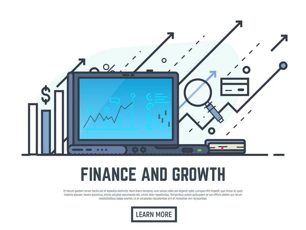 Laptop Con Report Finanziario Sullo Schermo Esempio Concetto Crescita Finanziaria — Vettoriale Stock