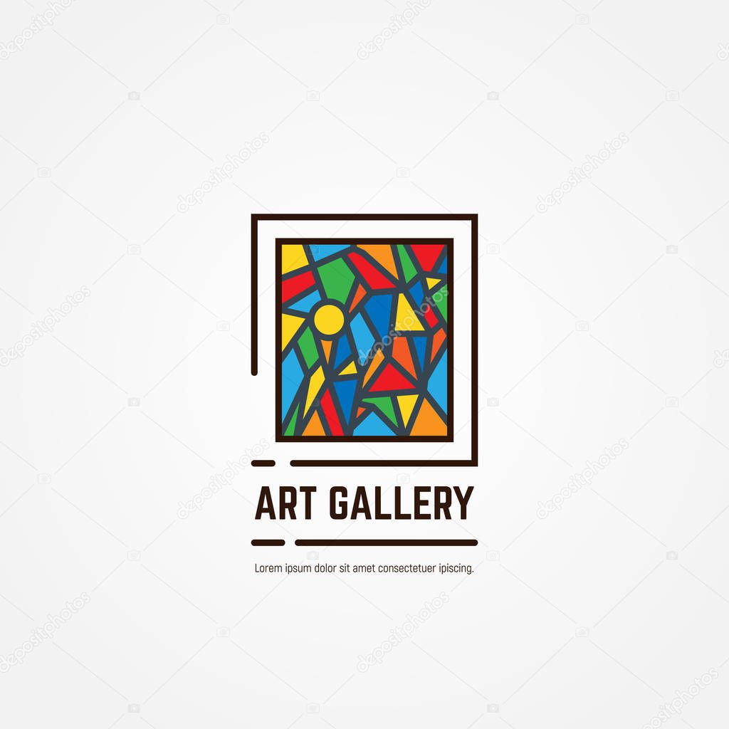Art gallery logo. Color paintings emblem with triangles and lines. Abstract picture. Studio logotype. Museum or art gallery icon line style vector.