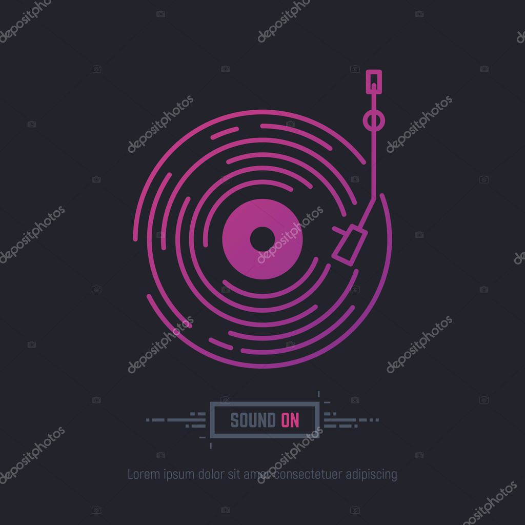 Emblem of vinyl record in purpule and pink neon gradient colors. DJ or retro party with vinyl music. Music label logo. Trendy gradient line style vector illustration.