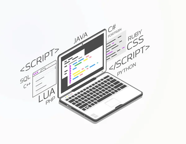 Portátil Isométrico Con Software Para Desarrollo Software Suave Web Desarrollo — Vector de stock