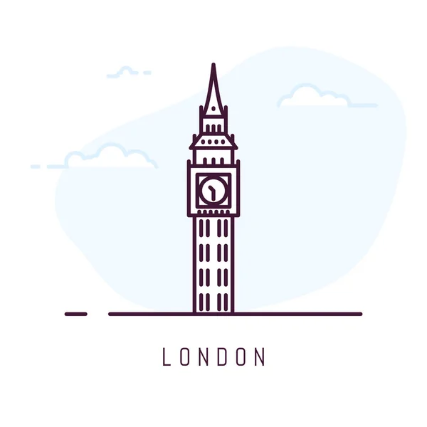 ロンドン市内線スタイルの図 ビッグ ベンの有名なタワーは ロンドンです アウトライン ベクトル図を構築します 背景に雲と空 — ストックベクタ