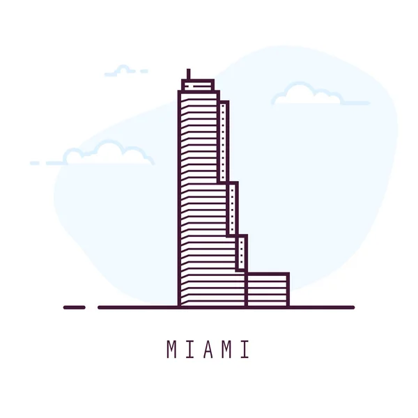マイアミ市内線スタイルの図 マイアミ フロリダ州の有名な塔 アメリカの建築の街のシンボル アウトライン ベクトル図を構築します 背景の空の雲 旅行と観光バナー — ストックベクタ