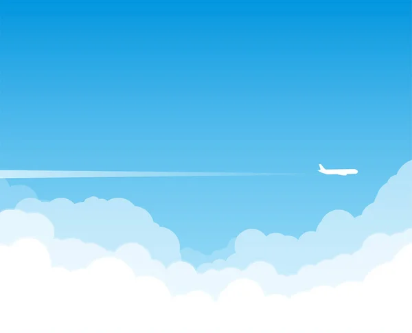 飛行機は雲の上を飛んでします ジェット機の排気白道です 青のグラデーションと白の平面シルエット 青空に白と透明の雲 — ストックベクタ