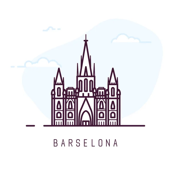 バルセロナ市内線スタイルの図 有名なスペインのバルセロナ大聖堂 スペイン建築の街のシンボル アウトライン ベクトル図を構築します 旅行のバナー — ストックベクタ