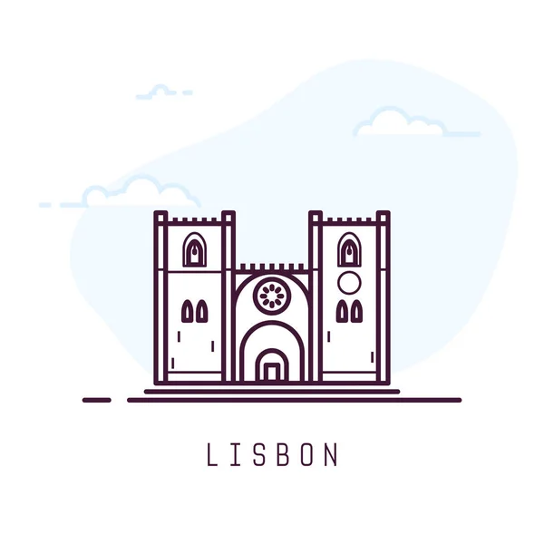 リスボン市内線スタイルの図 リスボンで有名な大聖堂 ポルトガルの建築都市のシンボル アウトライン ベクトル図を構築します 背景の空の雲 旅行と観光バナー — ストックベクタ