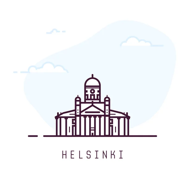 ヘルシンキ市内線スタイルの図 ヘルシンキの有名な大聖堂 フィンランドの建築都市のシンボル アウトライン ベクトル図を構築します 背景の空の雲 旅行と観光バナー — ストックベクタ