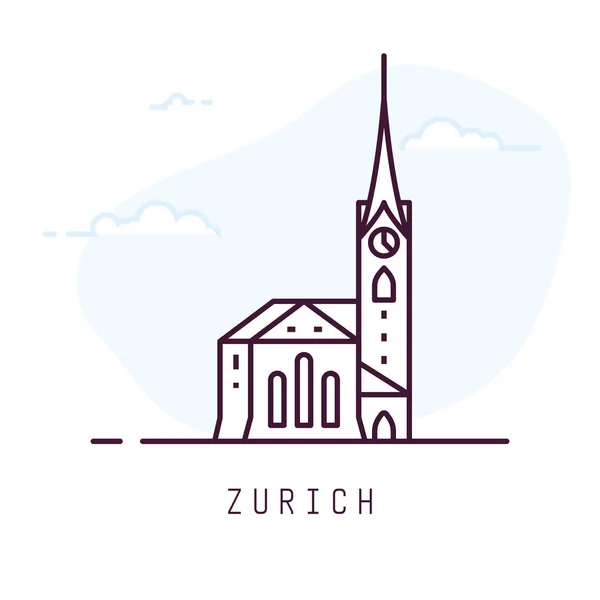 チューリッヒ市内線スタイルの図 チューリッヒ スイス連邦共和国で有名な聖母教会 スイス連邦共和国のスイスの建築都市のシンボル アウトライン ベクトル図を構築します 旅行と観光バナー — ストックベクタ