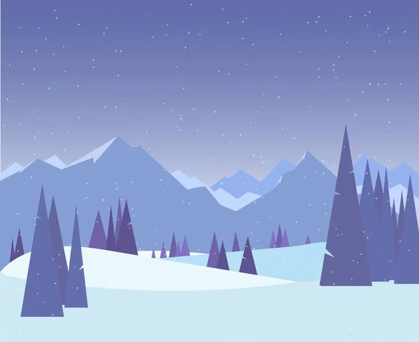 크리스마스 그림입니다 크리스마스 배경입니다 배경에 산입니다 눈으로 하늘입니다 전나무 나무의 — 스톡 벡터