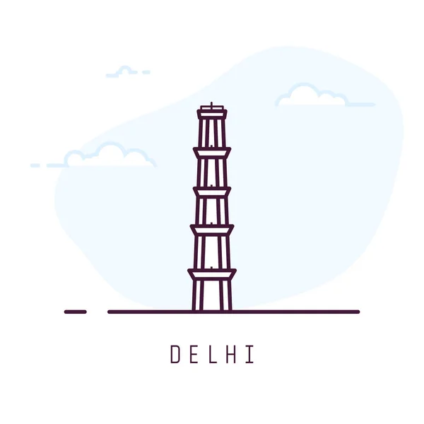デリー市内線スタイルの図 大きくて有名なデリーのクトゥブ ミナール塔 デリーのインド建築の街のシンボル アウトライン ベクトル図を構築します 旅行と観光バナー — ストックベクタ