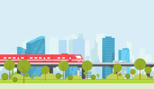 Metro Ciudad Segundo Plano Parque Con Árboles Arbustos Tren Urbano — Vector de stock