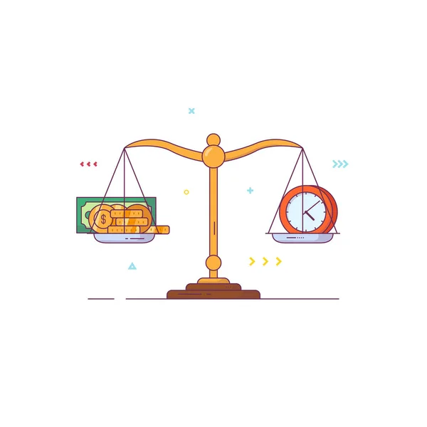 Waagen Banner Gleichgewichts Und Gewichtsmessungskonzept Geld Und Zeit Vergleich Goldmünzen — Stockvektor