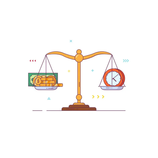 規模のバナー バランスと重量測定の概念 お金と時間の比較 金貨と紙幣だ 比較と天秤座のサイン ラインスタイルフラットベクトルイラスト — ストックベクタ