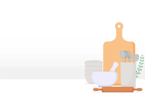Table Blanche Avec Ustensiles Cuisine Mur Fond Blanc Fourchette Cuillère — Image vectorielle