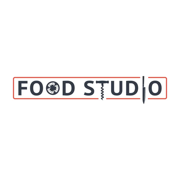 Élelmiszer Stúdió Logó Embléma Paradicsom Dugóhúzó Késbetűk Piros Vonal Keret — Stock Vector