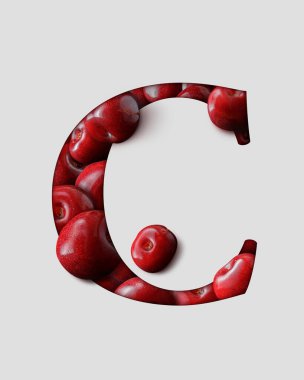 Kirazlardan yaratılan İngiliz alfabesinden C harfi. Açık gri bir kağıdın arkasında gölgesi olan üç boyutlu kiraz rengi bir mektup..